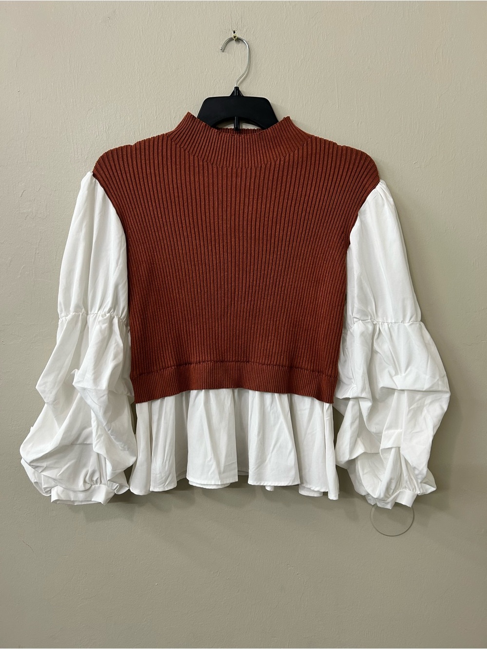 Cocobleu Moc Neck Knit Cropped Vest White Ruffled Blouse Sleeve Layered Look Top
